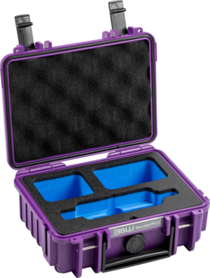 800q-01_127472 The BW Outdoor Case Type 500 for the Insta360 X3, in purple, features a hard shell, a black foam lining, and blue custom-made foam inserts to protect the equipment, and it opens with two latches and a handle for easy transport.