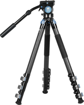 800q-01_127822 The Sirui L-324F + VH-10 carbon fibre tripod with retractable, lockable legs and panoramic handle is fully opened on a white base.