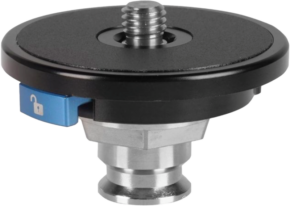 800q-01_128599 A close-up view of the Sirui P-QC quick-release platform shows its black and silver design, the top screw and the blue lock symbol on the side.
