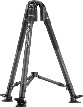 800q-01_128602 Sirui SVS75 Pro Video Tripod Rapid, jossa on kolme säädettävää jalkaa, kumijalat ja liitostuki, on kuvassa mustaa hiilikuitua vaaleanharmaalla pohjalla.