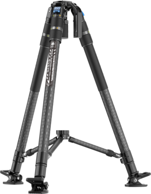 800q-01_128602 The Sirui SVS75 Pro Video Tripod Rapid, with three adjustable legs, rubber feet and a chassis support, is pictured in black carbon fibre on a light grey background.