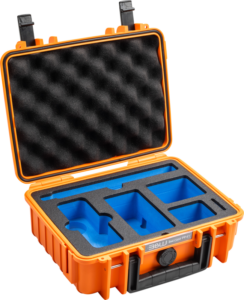 800q-01_128698 BW Outdoor Case Type 1000 for Insta360 X4 in orange. The BW Outdoor Case Type 1000 features a hard shell, a black lid padded with foam, and custom-fit blue and black foam compartments to keep your device safe.
