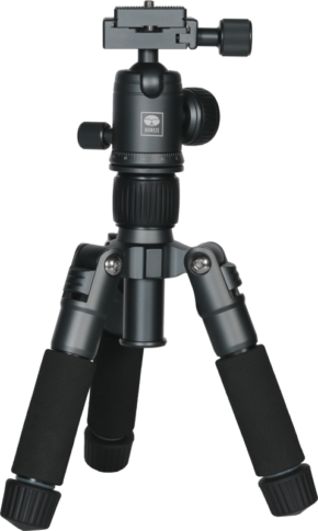 800q-01_128818 The Sirui TT-50 table stand is a compact black tripod with adjustable legs, ball head attachment, foam handles on each leg and multiple adjustment knobs for precise positioning.