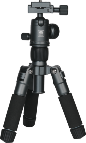 800q-01_128818 The Sirui TT-50 table stand is a compact black tripod with adjustable legs, ball head attachment, foam handles on each leg and multiple adjustment knobs for precise positioning.