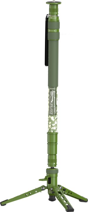 800q-01_130545 The Sirui Monopod Pedal Version Camouflage CVM-145P is a green, military-style monopod with a camouflage pattern and three folding legs designed for stable support of your camera or equipment.
