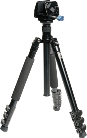 800q-01_130749 Sirui Tripod Kit Alu with Gun Clamp on musta kolmijalkainen kolmijalka, jossa on kolme säädettävää jalkaa, vaahtomuovikahvat, kääntyvät lukot jokaisessa jalassa ja sininen kiristysnuppi, kuvassa vaalealla pohjalla.