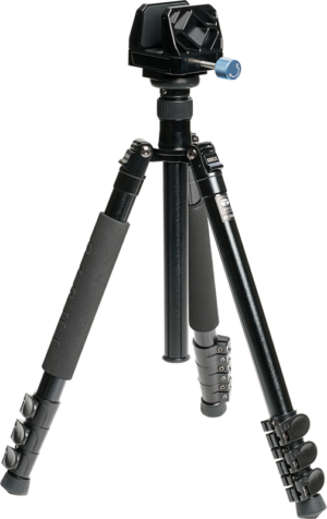 800q-01_130749 The Sirui Tripod Kit Alu with Gun Clamp is a black tripod with three adjustable legs, foam handles, swivel locks on each leg and a blue tension knob, shown in light blue.