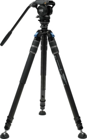 800q-01_132693 Sirui One Step Height Adjustment Carbon Video Tripod Kit SVS60 + S3, a black tripod with adjustable legs, panoramic handle and head mount for cameras or video equipment, displayed against a white background.