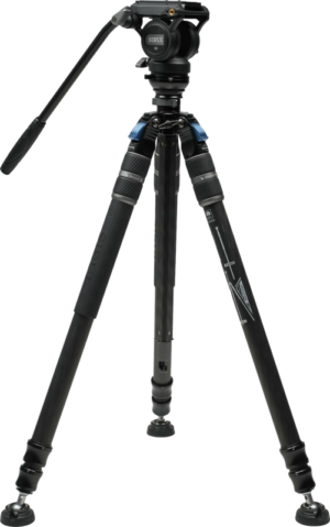 800q-01_132693 Sirui One Step Height Adjustment Carbon Video Tripod Kit SVS60 + S3, a black tripod with adjustable legs, panoramic handle and head mount for cameras or video equipment, displayed against a white background.