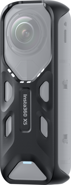 A close-up of the Insta360 X5 Thermo Grip Cover highlights its textured grip and button details, designed to enhance the durable features of the black Insta360 X3 action camera.