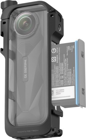 Close-up of the Insta360 X3 in the Insta360 X5 Utility Frame with the battery partially removed on the right. The lens and camera brand are clearly visible through the protective frame.