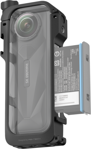 800q-01_133603 Close-up of the Insta360 X3 in the Insta360 X5 Utility Frame with the battery partially removed on the right. The lens and camera brand are clearly visible through the protective frame.