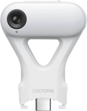 Close-up of the Insta360 Flow 2 Pro AI Tracker, featuring a white body with a rounded top, a visible left lens and an open triangular centre.