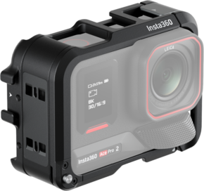 Close-up of the Insta360 Ace Pro 2 in the Ace Pro Utility Frame, showing its large lens, screen and the Insta360 and Leica logos on the front.