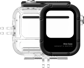 800q-01_133618 Insta360 Ace Pro 2 Dive Case on läpinäkyvä vedenpitävä kotelo, jossa on musta etupuoli ja jossa on merkintä "Dive Case waterproof to 60m (197ft)", joka on suunniteltu suojaamaan kameraa tai elektroniikkalaitetta veden alla.