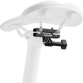 The black Insta360 Bike Seat Rail Mount is mounted under the white bicycle seat and is mounted for a rear-facing camera.