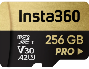 800q-01_133629 Kultainen ja musta Insta360 256 GB UHS-I V30 microSDXC -muistikortti, jossa on PRO-brändi ja symbolit V30, A2, U3 ja Class 1.