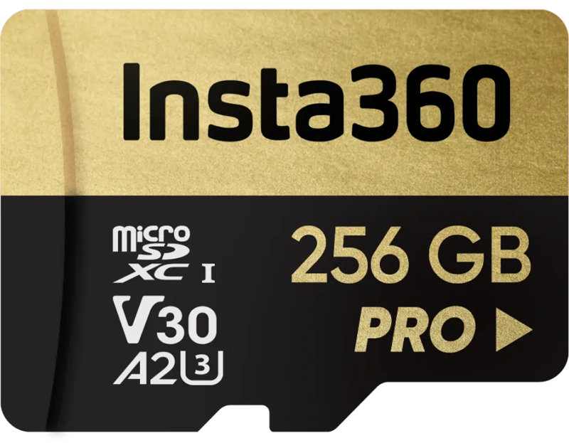 800q-01_133629 Kultainen ja musta Insta360 256 GB UHS-I V30 microSDXC -muistikortti, jossa on PRO-brändi ja symbolit V30, A2, U3 ja Class 1.