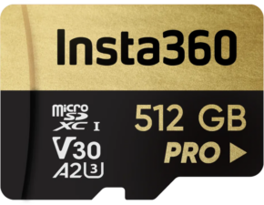 800q-01_133630 A close-up of the Insta360 512 GB UHS-I V30 microSDXC memory card, featuring a gold and black design and the following technical specifications: 512 GB, XC I, V30, A2, U3 and PRO.