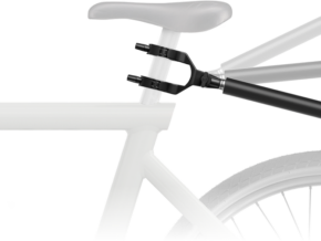 A close-up of the bike's frame highlights the Insta360 Third-Person Bike Tail Mount attached to the seat tube, while the rest of the bike is a faded, light grey.