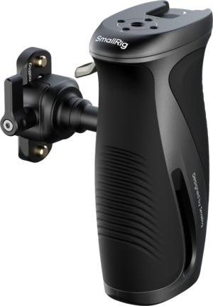 800q-01_133784 The SmallRig 5160 Rotating Side Handle with NATO Clamp is a black ergonomic camera grip with side clamp designed to stabilize cameras or equipment while shooting.
