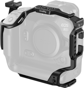 SmallRig 5413 Cage for Canon EOS R1, kuvassa mustana harmaasävyisessä Canon EOS R1:ssä, lisää lisäpitoa ja useita kiinnityspisteitä lisävarusteille, ja vain häkki on täysvärinen.