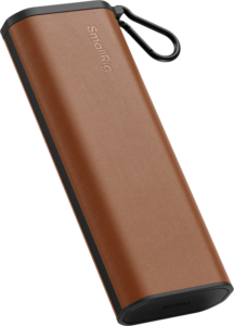 800q-01_134140 Rectangular, brown and black SmallRig 4532 Multifunctional Card Reader & Storage Case CFexpress Type B case with leather-like texture and black carabiner clip on the top corner.