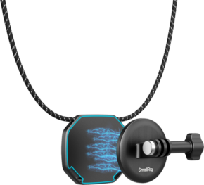 800q-01_134144 The SmallRig 5360 quick-release neck support for action cameras includes a hexagonal black base with blue flash pattern, a black neck strap and a mounting arm with a mounting knob for attaching the device.