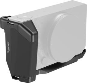 800q-01_134148 Close-up of the SmallRig 5389 L-shaped mounting plate with handle for Sigma BF Black, attached to the left side of the partially transparent camera, showing its ergonomic design and secure fit.