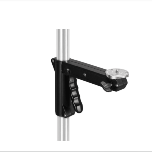 1598522115_929 Close-up of the Godox Grip for 240FS Wheeled Light Stand, a metal bracket mounted vertically on a silver pole with a handle, designed to support equipment such as cameras or lighting fixtures securely against a white background.