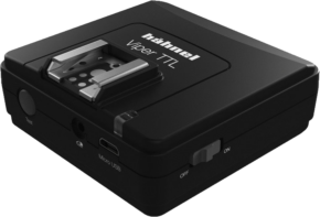 800q-01_108191 The black Hähnel Viper TTL Receiver Canon features a flash shoe mount, power switch, micro USB port and control buttons designed for Canon photography equipment.