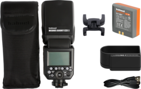 800q-01_111511 The Hähnel Modus 600RT MK II Speedlight Nikon flash kit contains the flash unit, bag, battery, charger, tripod and charging cable, all on a white background.