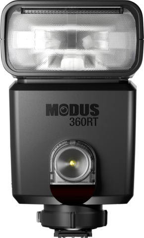 800q-01_111657 Close-up of a Hähnel Modus 360RT Speedlight MFT flash, highlighting the front lens, brand and control components.