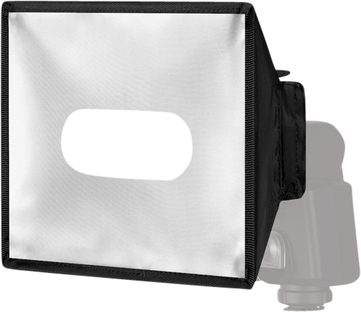 800q-01_112753 Hähnel Module Softbox on suorakulmainen, valkoinen diffuusori, jossa on musta reunus ja soikea aukko keskellä, joka on suunniteltu kiinnitettäväksi kameran salamalaitteeseen.