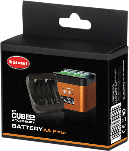 800q-01_116478 Hähnel ProCUBE 2 Plate for AA Batteries -laturi adapteri -laitteen mustassa vähittäismyyntipakkauksessa on laturin ja AA-paristojen kuvat etupuolella.