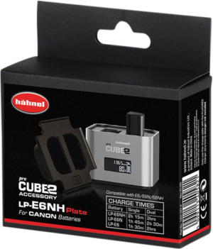 800q-01_116479 The black and red Hähnel ProCUBE 2 plate for Canon LP-E6/LP-E6N/LP-E6NH batteries has a charger with a display for charging information and a table with charging times for different batteries.