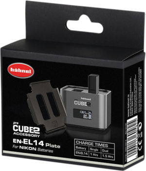 The black retail box of the Hähnel ProCUBE 2 Plate for Nikon EN-EL14 Battery Charger Adapter contains a charging plate, charger and a list of charging times for one and two Nikon batteries.
