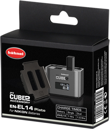 800q-01_116481 Hähnel ProCUBE 2 Plate for Nikon EN-EL14 Battery -laturi adapteri -laitteen mustassa vähittäismyyntipakkauksessa on latauslevy, laturi ja luettelo latausajoista yhden ja kahden Nikonin akun lataamiseen.