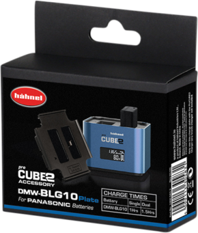 800q-01_116488 The Hähnel ProCUBE 2 Plate for Panasonic DMW-BLG10 Battery charger adapter is shown in the package with the charger, compatible battery plate and charging time information.