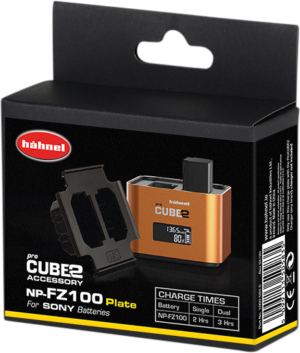 800q-01_116490 The black and orange retail packaging of the Hähnel ProCUBE 2 Plate for Sony NP-FZ100 Battery Charger Adapter features a picture of the charger and plate on the front, showing charging times for one and two batteries.