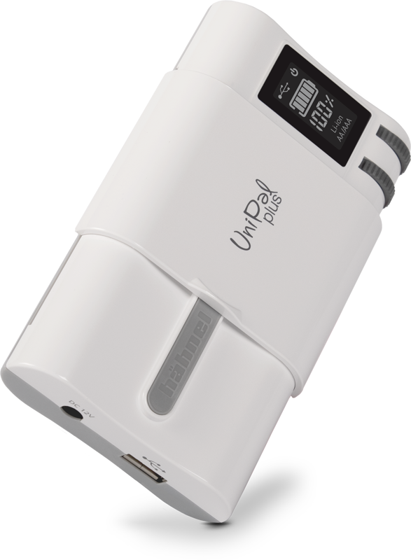 800q-01_117976 Hähnel Powerstation Unipal Plus Charger -laturi on valkoinen, kompakti ja modernisti muotoiltu lääkinnällinen laite, jossa on pieni näyttö akku-, Wi-Fi- ja hälytyskuvakkeille sekä painikkeet ja näkyvä USB-portti.