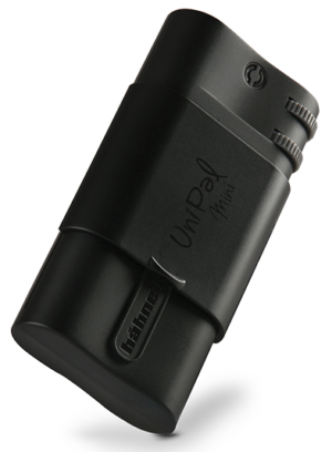 800q-01_118933 The compact Hähnel Powerstation Unipal Mini II universal vaporizer in matte black with a swing lid, grooved ignition wheel design and "UnReal Aroma" lettering on the side.