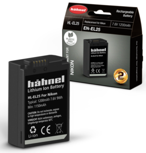 800q-01_123576 The Hähnel Nikon HL-EL25 / EN-EL25 battery is displayed vertically in front of its black packaging with product information, specifications and a 2-year warranty stamp.