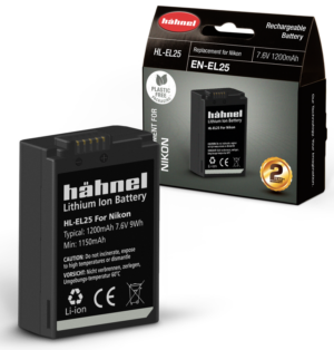 800q-01_123576 The Hähnel Nikon HL-EL25 / EN-EL25 battery is displayed vertically in front of its black packaging with product information, specifications and a 2-year warranty stamp.
