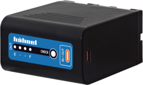 800q-01_127527 Hähnel battery The Sony HL-XL970 Pro-C / NP-F970 battery is black and rectangular, with a blue Hähnel logo, LED indicator lights (E-F), a focus button and a USB-C IN/OUT port highlighted in orange on the side.