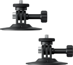 800q-01_133814 Kaksi Insta360 Flexible Adhesive Mount -liimakiinnike -yksikköä, mustat, säädettävillä nupeilla varustetut, näytetään hieman eri kulmista vaaleaa taustaa vasten.