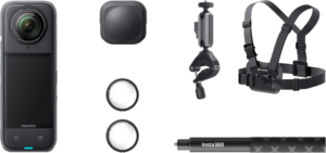 800q-01_133821 The Insta360 X4 Bike Bundle action camera includes a 360-degree camera, lens cover, two circle filters, mounting clamp, chest harness and extendable selfie stick, shown in light background.