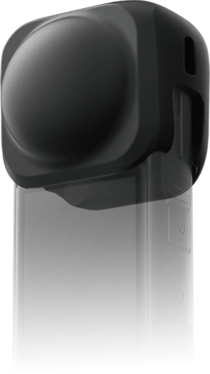 800q-01_133822 Close-up of the black Insta360 X5 lens cover with rounded lens cover, side buttons and textured handle with partially faded lower part.