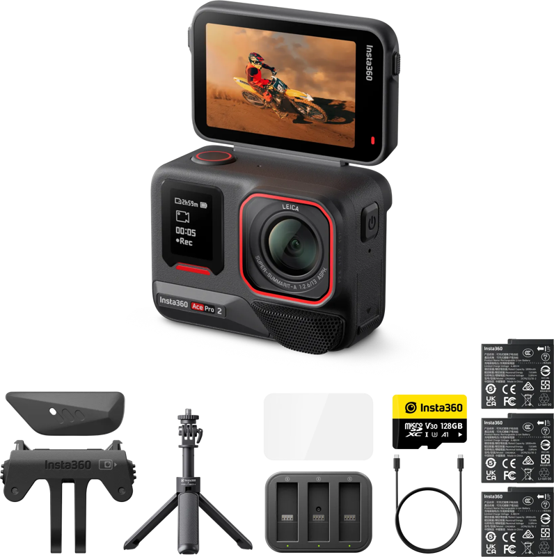 800q-01_133824 Mustassa Insta360 Ace Pro 2 Creator Bundle -toimintakamerassa on kääntyvä näyttö, jossa näkyy maastopyöräilijä, ja sen mukana toimitetaan lisävarusteita, kuten jalusta, kiinnikkeet, akut, laturi, linssinsuojus, näytönsuoja ja 128 Gt:n microSD-kortti.