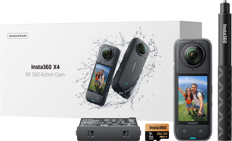800q-01_133833 Insta360 X4 Adventure Bundle -actionkamera sisältää kameran, akun, 256 Gt:n microSD-kortin, näkymättömän selfie-kepin ja tuotepakkauksen, jossa kameran näytöllä näkyy kaksi henkilöä.